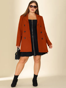 Plus Size Notched Lapel Caramel Double Breasted Long Coat