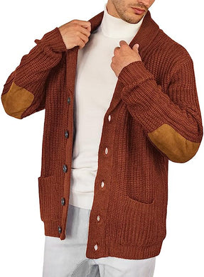 Men's Knit Brown Shawl Collar Long Sleeve Button Down Sweater