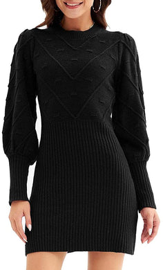 Black Knit Balloon Sleeve Style Textured Sweater Dress