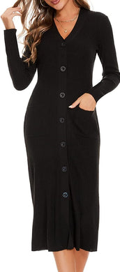 Stellar Black Button Down Tea Length Knit Sweater Dress