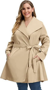 Lapel Trench Grey Plaid Plus Size Coat Belted Lightweight Long Jacket
