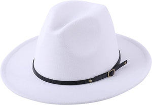 Classic Wide Brim White Floppy Panama Hat with Belt Buckle