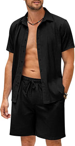 Men's Black Linen Drawstring Casual Short Sleeve Shorts Set
