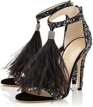 Load image into Gallery viewer, White Feather Rhinestone Ankle Strap Glitter Tassel Dress Heels