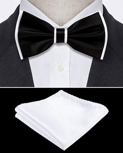 Men's Black-White Pre-tied Bow Tie and Pocket Square Sets