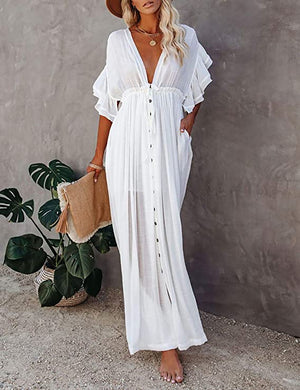 Belizean White Ruffled V Neck Maxi Cover Up Dress