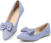 Load image into Gallery viewer, Suede Blue Bow Tie Closed Toe Flat Shoes