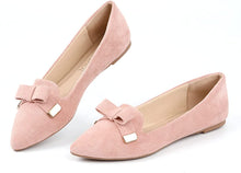 Load image into Gallery viewer, Suede Pink Bow Tie Closed Toe Flat Shoes
