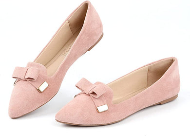 Suede Pink Bow Tie Closed Toe Flat Shoes