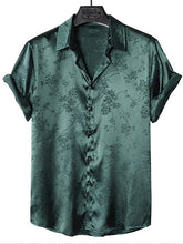 Load image into Gallery viewer, Men&#39;s Black Floral Satin Button Up Short Sleeve Shirt