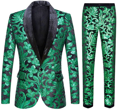 Fashionable Metallic Green Floral Pattern Sequins 2 Pieces Men's Suit