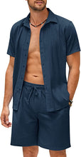 Load image into Gallery viewer, Men&#39;s Black Linen Drawstring Casual Short Sleeve Shorts Set