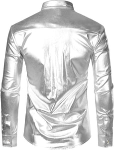 Men's Metallic Silver Sequin Long Sleeve Button Down Shirt