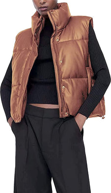 Quilted Coffee Faux Leather Sleeveless Women's Puffer Jacket