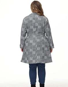 Lapel Trench Grey Plaid Plus Size Coat Belted Lightweight Long Jacket
