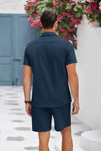 Load image into Gallery viewer, Men&#39;s Black Linen Drawstring Casual Short Sleeve Shorts Set