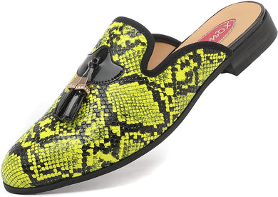 Men's Leather Neon Yellow Snakeskin Tassel Slip On Shoes