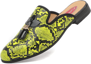 Men's Leather Neon Yellow Snakeskin Tassel Slip On Shoes