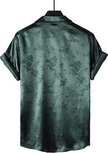 Men's Black Floral Satin Button Up Short Sleeve Shirt