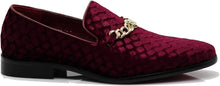 Load image into Gallery viewer, Men&#39;s Burgundy Satin Classic Gold Chain Tuxedo Dress Loafer