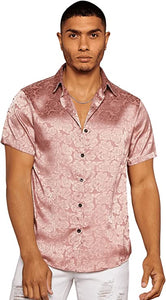 Men's Black Floral Satin Button Up Short Sleeve Shirt