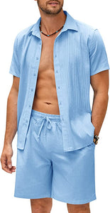 Men's Beige Linen Drawstring Casual Short Sleeve Shorts Set