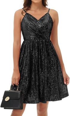 Black Sequins Sleeveless Solid Floral A-Line Cocktail Swing Dress