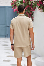Load image into Gallery viewer, Men&#39;s Beige Linen Drawstring Casual Short Sleeve Shorts Set