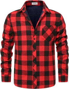 Fleece Lined Red Plaid Men's Casual Long Sleeve Shirt