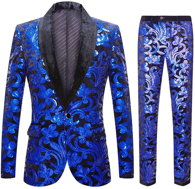 Fashionable Metallic Blue Floral Pattern Sequins 2pc Men's Suit