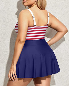 Curvy Red White & Blue One Piece Cut Out Flared Skirt Swimsuit