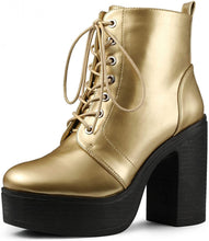 Load image into Gallery viewer, Lace Up Gold Platform Chunky High Heel Women&#39;s Combat Boots