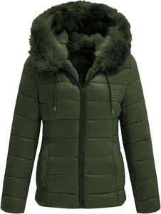 Faux Fur Collar Green Reversible Hooded Puffer Coat