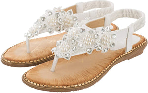 T-Strap Floral White Rhinestone Flip Flops Sandals