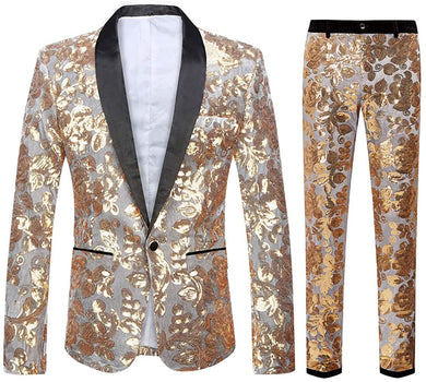 Fashionable Metallic Gold Floral Pattern Sequins 2pc Men's Suit