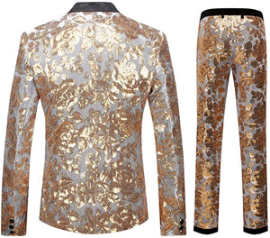 Fashionable Metallic Gold Floral Pattern Sequins 2pc Men's Suit