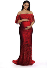 Load image into Gallery viewer, Maternity Ruffles Lace Wine Red Off Shoulder Long Maxi Dress