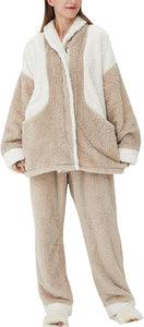 Fluffy Khaki Coral Fleece 2 Pcs Loose Sleepwear