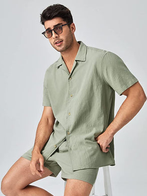 Men's Sage Green Drawstring Casual Short Sleeve Shorts Set