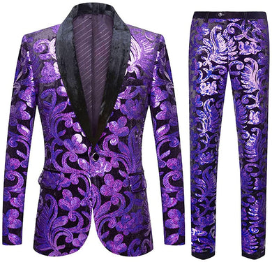 Fashionable Metallic Purple Floral Pattern Sequins 2pc Men's Suit