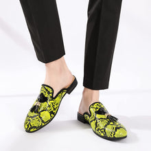 Load image into Gallery viewer, Men&#39;s Leather Neon Yellow Snakeskin Tassel Slip On Shoes