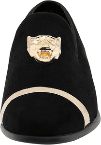 Men's Black Gold Tiger Head High Quality Velvet Loafer Dress Shoes