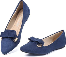 Load image into Gallery viewer, Suede Blue Bow Tie Closed Toe Flat Shoes