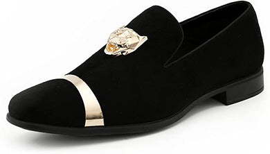 Men's Black Gold Tiger Head High Quality Velvet Loafer Dress Shoes