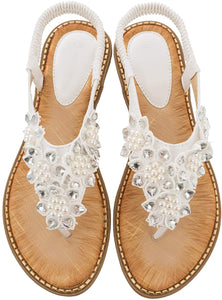 T-Strap Floral White Rhinestone Flip Flops Sandals