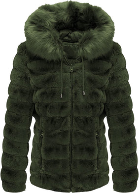 Faux Fur Collar Green Reversible Hooded Puffer Coat
