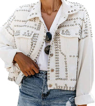 Load image into Gallery viewer, White Studded Rockstar Boyfriend Cut Long Sleeve Denim Jacket