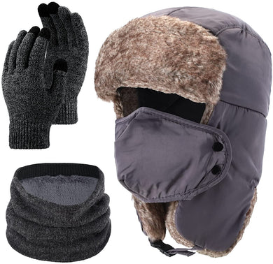 Men's Gray 3 Pieces Set Trapper Winter Hat & Gloves