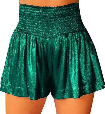 Metallic Shine Green High Waist Summer Shorts