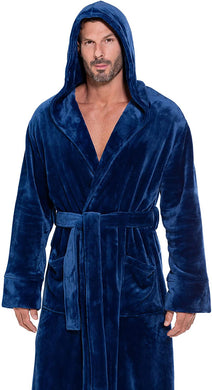 Men's Navy Blue Long Fuzzy Long Sleeve Hooded Robe
